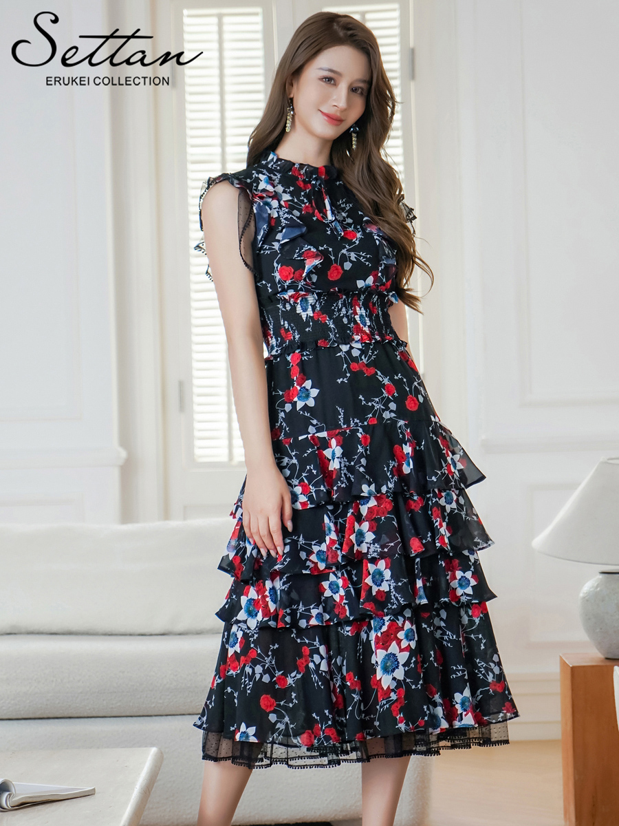 ERUKEI エルケイ ティアード・フリル・プチハイネック・ミディアムドレス・ワンピース ek-s61208