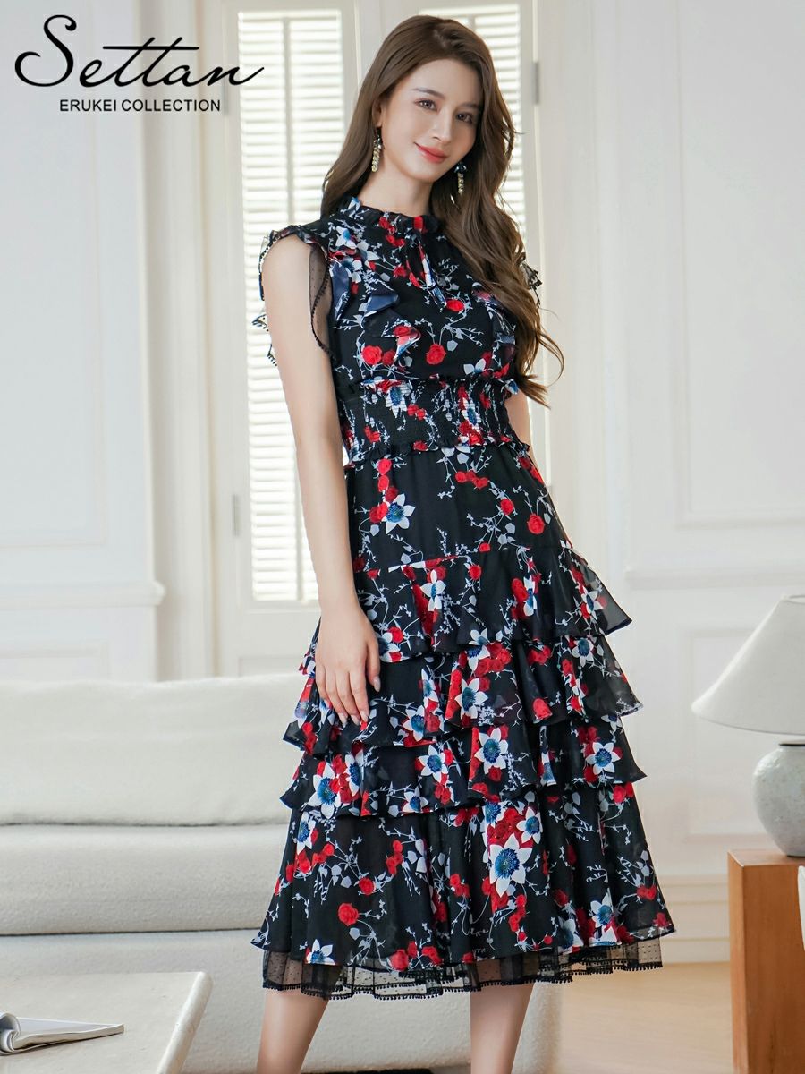 ERUKEI エルケイ ティアード・フリル・プチハイネック・ミディアムドレス・ワンピース ek-s61208