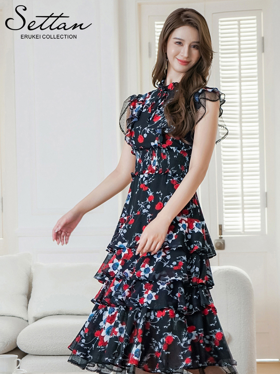 ERUKEI エルケイ ティアード・フリル・プチハイネック・ミディアムドレス・ワンピース ek-s61208