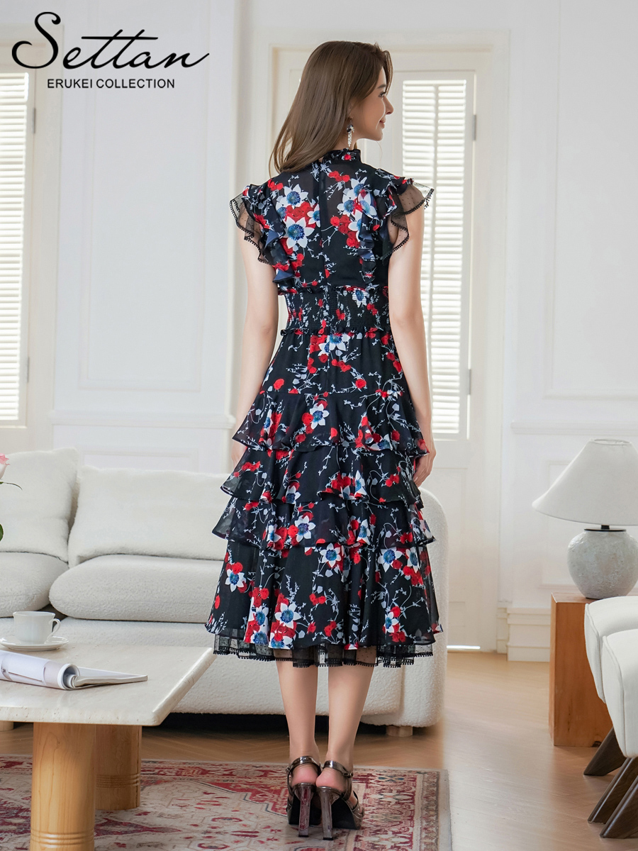 ERUKEI エルケイ ティアード・フリル・プチハイネック・ミディアムドレス・ワンピース ek-s61208