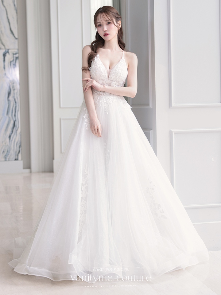 vanityME.couture. バニティミークチュール 立体フラワーレース 刺繍 ラメチュール プリンセス 姫 ロングドレス バースデードレス オフホワイト vctr-l-cd792w