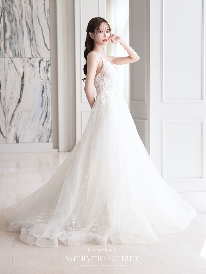 vanityME.couture. バニティミークチュール 立体フラワーレース 刺繍 ラメチュール プリンセス 姫 ロングドレス バースデードレス オフホワイト vctr-l-cd792w