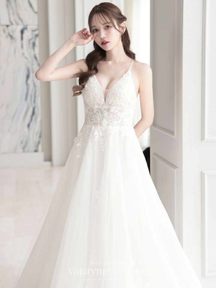 vanityME.couture. バニティミークチュール 立体フラワーレース 刺繍 ラメチュール プリンセス 姫 ロングドレス バースデードレス オフホワイト vctr-l-cd792w