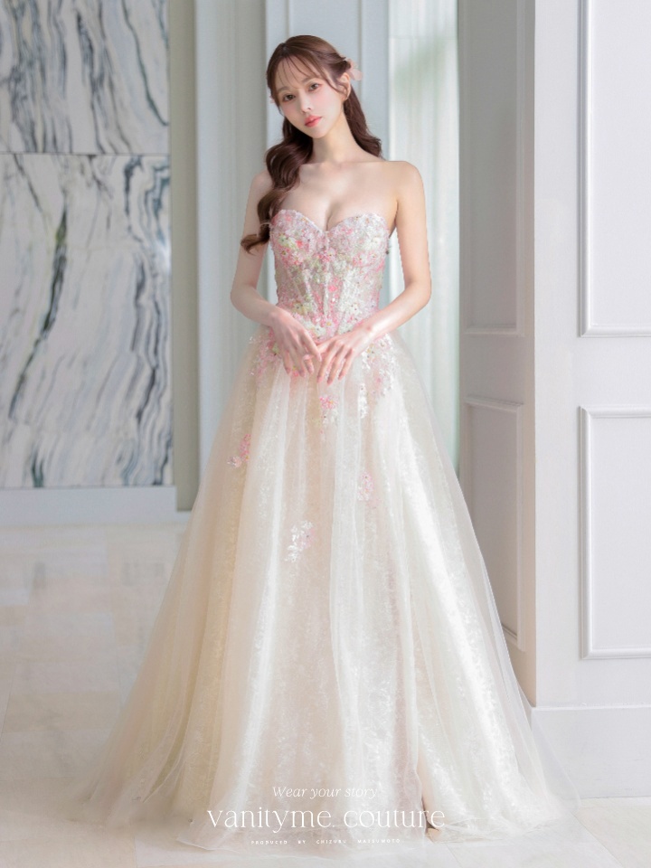 vanityME.couture. バニティミークチュール カラフルフラワーモチーフ ラメチュール 立体ビーズ刺繍 プリンセス 姫 ロングドレス バースデードレス マルチカラー vctr-l-a1468