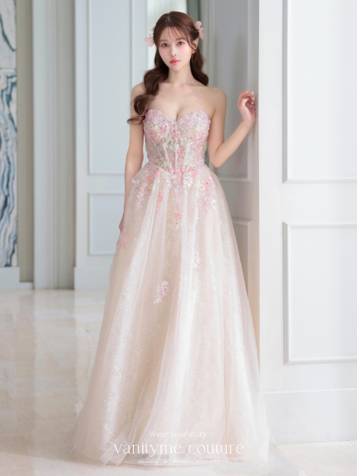 vanityME.couture. バニティミークチュール カラフルフラワーモチーフ ラメチュール 立体ビーズ刺繍 プリンセス 姫 ロングドレス バースデードレス マルチカラー vctr-l-a1468