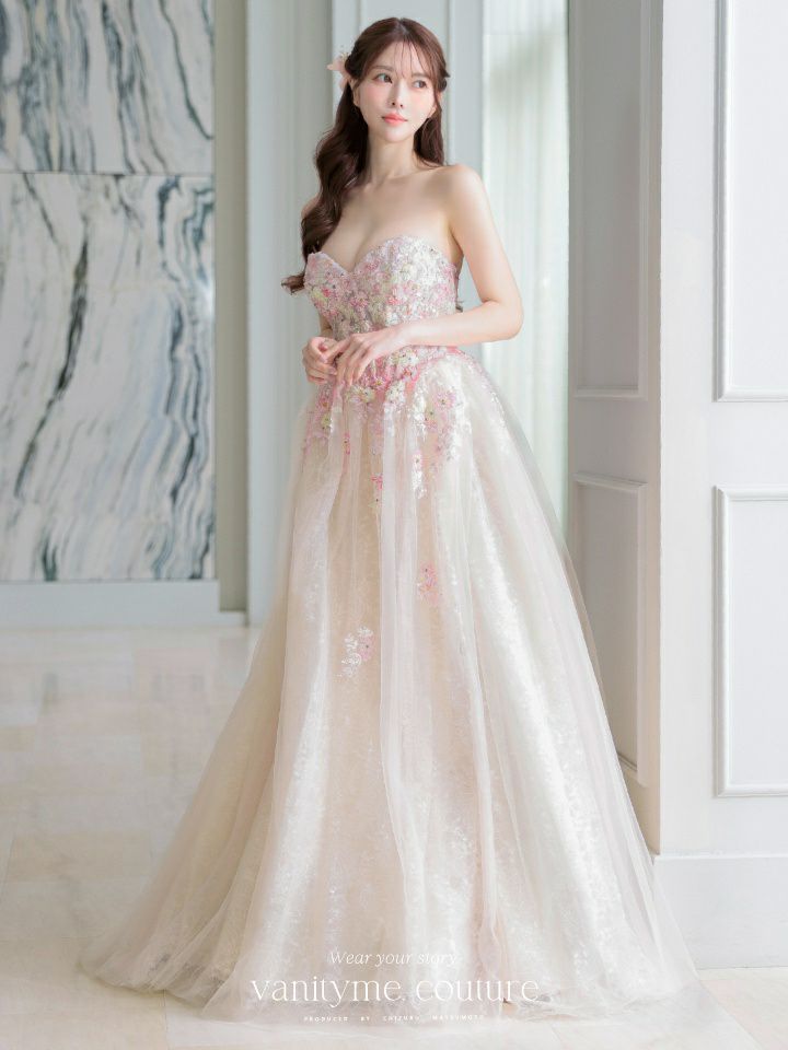 vanityME.couture. バニティミークチュール カラフルフラワーモチーフ ラメチュール 立体ビーズ刺繍 プリンセス 姫 ロングドレス バースデードレス マルチカラー vctr-l-a1468