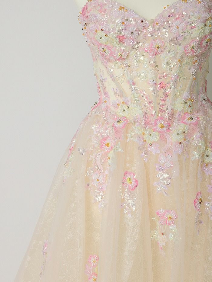 vanityME.couture. バニティミークチュール カラフルフラワーモチーフ ラメチュール 立体ビーズ刺繍 プリンセス 姫 ロングドレス バースデードレス マルチカラー vctr-l-a1468