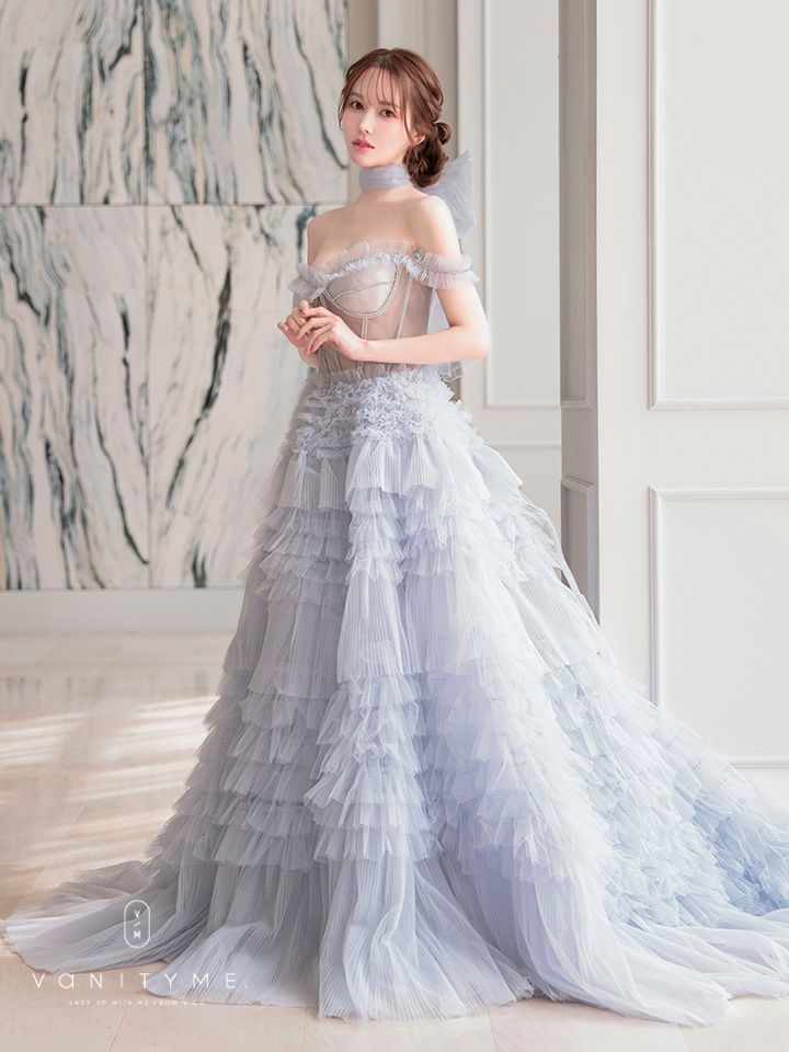 【2点セット】vanityME.couture. バニティミークチュール オフショル チュール ビジューライン ヌードベース リボンショール付き プリンセス 姫 ロングドレス バースデードレス ブルー vctr-l-a1150-1