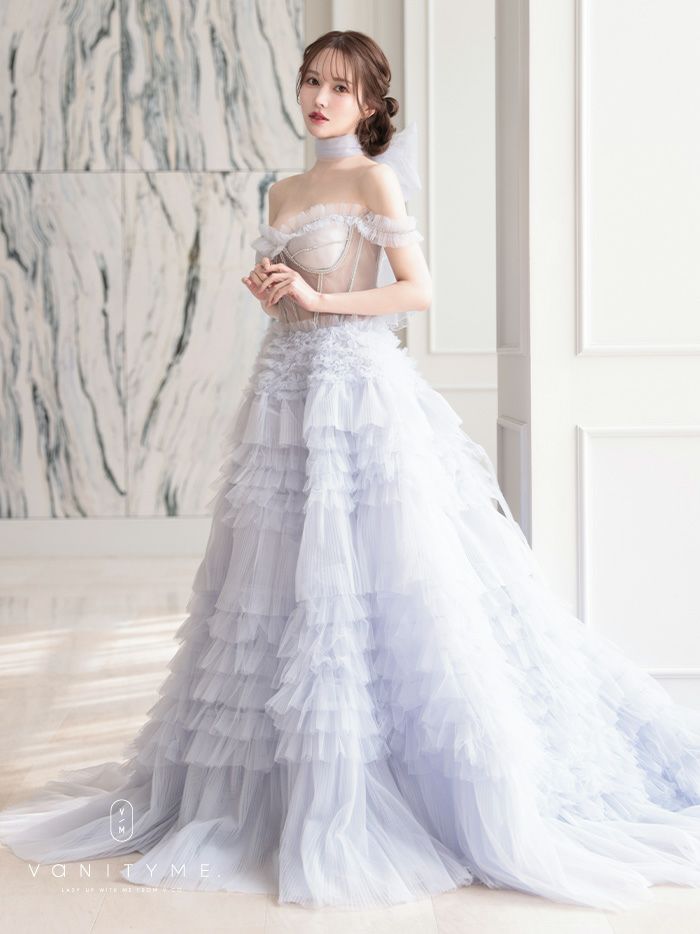 【2点セット】vanityME.couture. バニティミークチュール オフショル チュール ビジューライン ヌードベース リボンショール付き プリンセス 姫 ロングドレス バースデードレス ブルー vctr-l-a1150-1