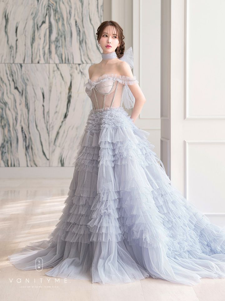 【2点セット】vanityME.couture. バニティミークチュール オフショル チュール ビジューライン ヌードベース リボンショール付き プリンセス 姫 ロングドレス バースデードレス ブルー vctr-l-a1150-1