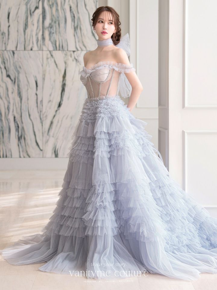 【2点セット】vanityME.couture. バニティミークチュール オフショル チュール ビジューライン ヌードベース リボンショール付き プリンセス 姫 ロングドレス バースデードレス ブルー vctr-l-a1150-1