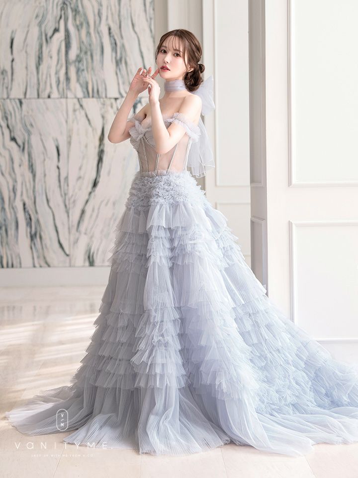 【2点セット】vanityME.couture. バニティミークチュール オフショル チュール ビジューライン ヌードベース リボンショール付き プリンセス 姫 ロングドレス バースデードレス ブルー vctr-l-a1150-1