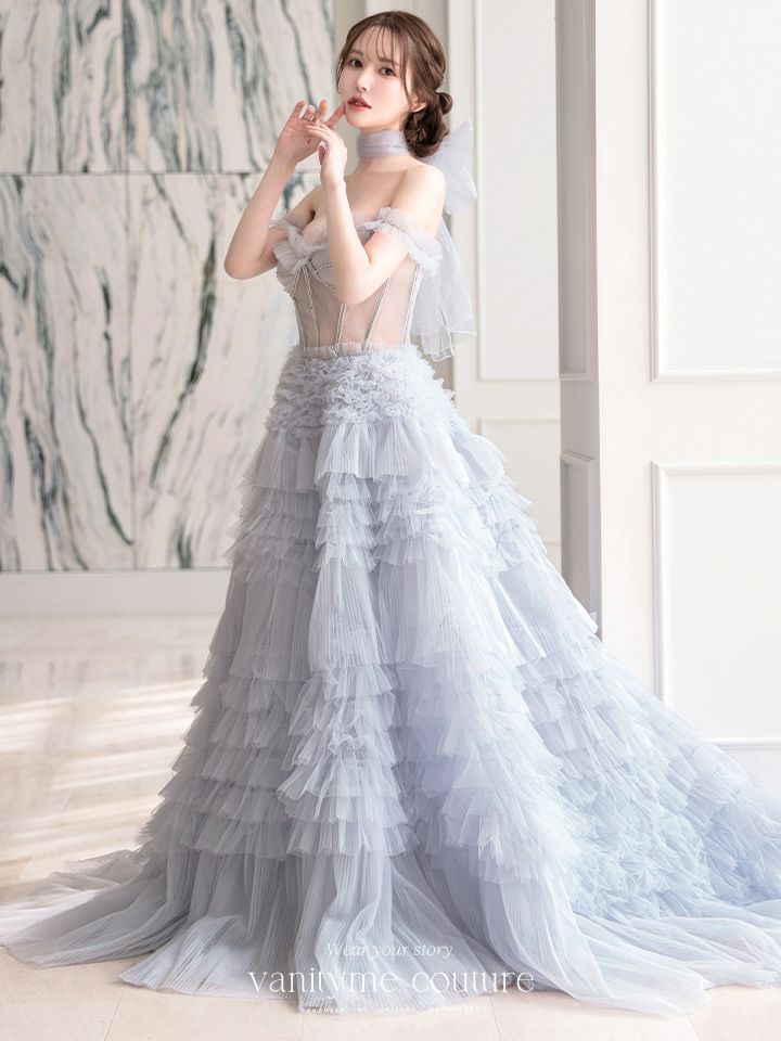 【2点セット】vanityME.couture. バニティミークチュール オフショル チュール ビジューライン ヌードベース リボンショール付き プリンセス 姫 ロングドレス バースデードレス ブルー vctr-l-a1150-1