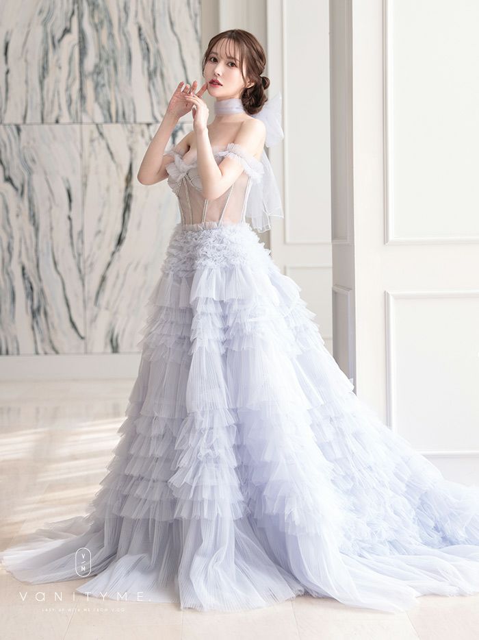 【2点セット】vanityME.couture. バニティミークチュール オフショル チュール ビジューライン ヌードベース リボンショール付き プリンセス 姫 ロングドレス バースデードレス ブルー vctr-l-a1150-1