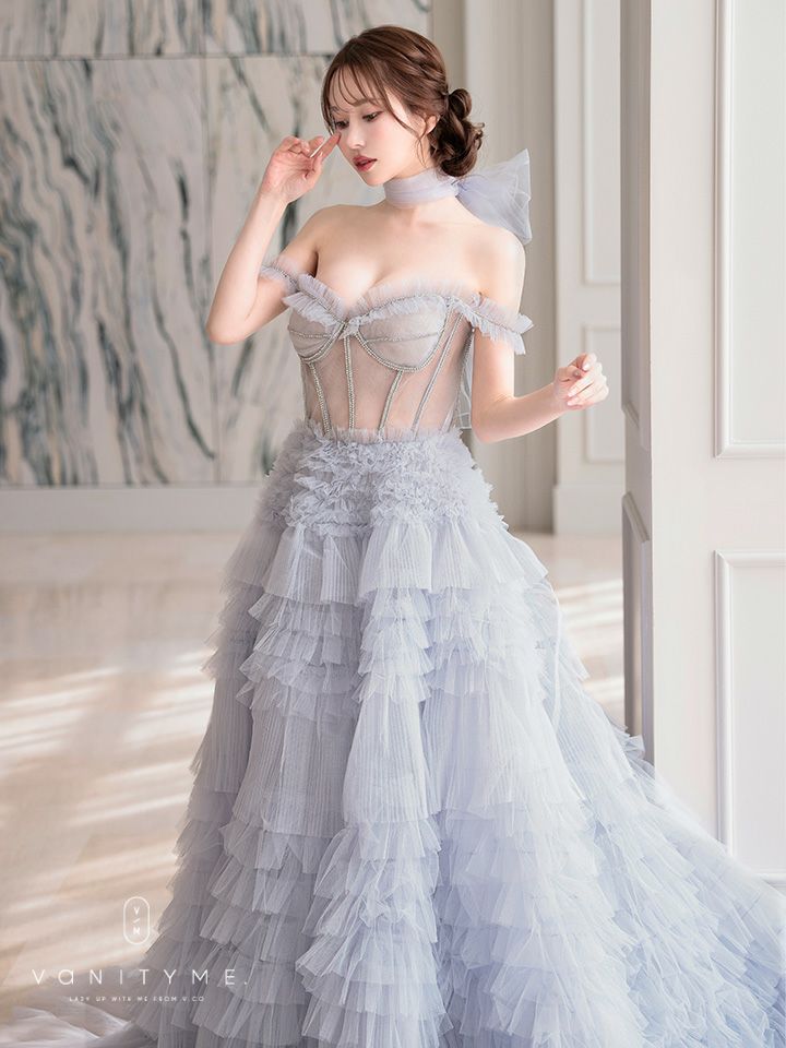 【2点セット】vanityME.couture. バニティミークチュール オフショル チュール ビジューライン ヌードベース リボンショール付き プリンセス 姫 ロングドレス バースデードレス ブルー vctr-l-a1150-1