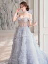 【2点セット】vanityME.couture. バニティミークチュール オフショル チュール ビジューライン ヌードベース リボンショール付き プリンセス 姫 ロングドレス バースデードレス ブルー vctr-l-a1150-1