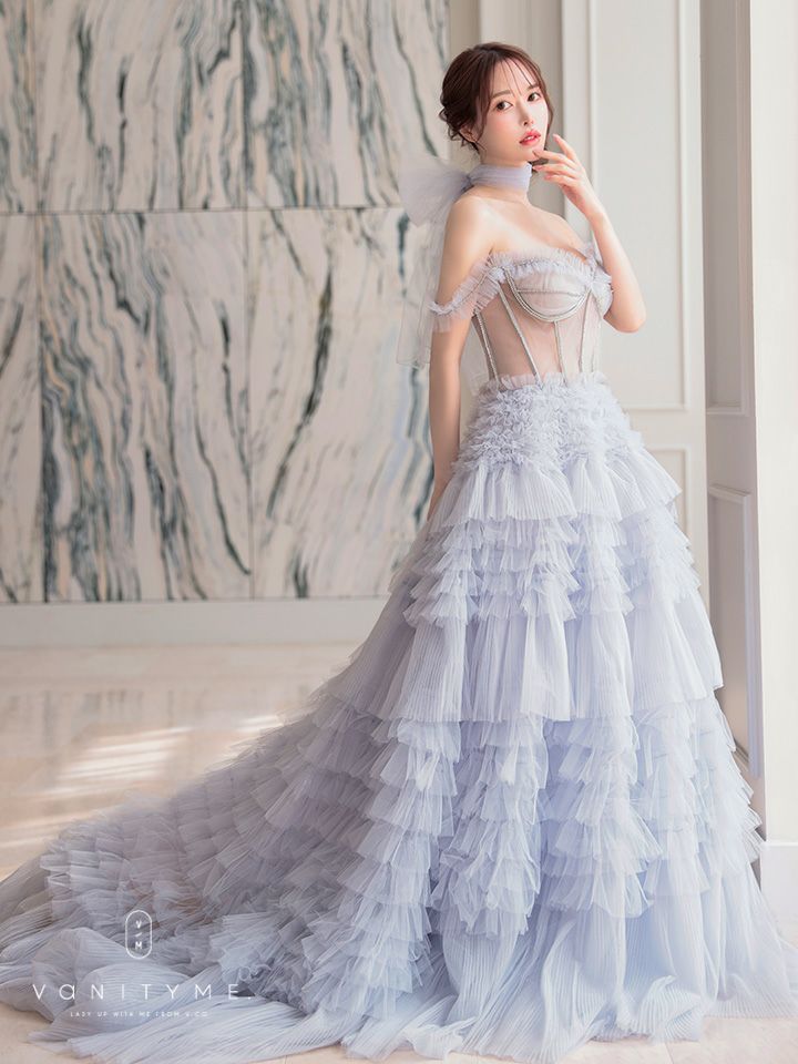 【2点セット】vanityME.couture. バニティミークチュール オフショル チュール ビジューライン ヌードベース リボンショール付き プリンセス 姫 ロングドレス バースデードレス ブルー vctr-l-a1150-1
