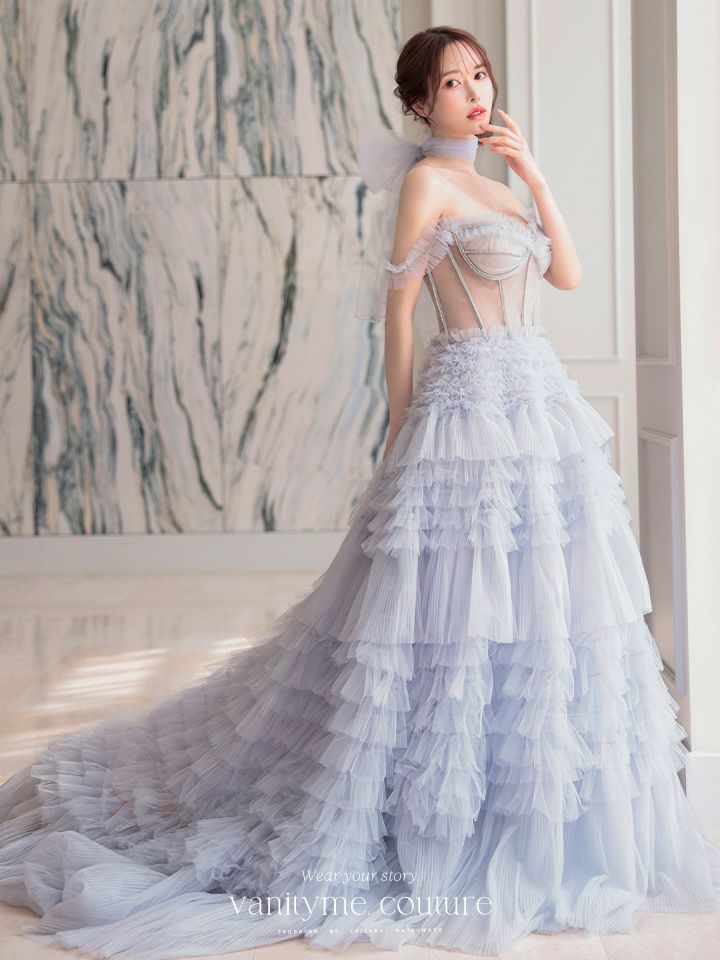 【2点セット】vanityME.couture. バニティミークチュール オフショル チュール ビジューライン ヌードベース リボンショール付き プリンセス 姫 ロングドレス バースデードレス ブルー vctr-l-a1150-1