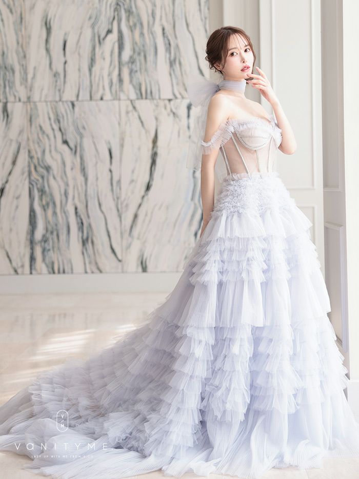【2点セット】vanityME.couture. バニティミークチュール オフショル チュール ビジューライン ヌードベース リボンショール付き プリンセス 姫 ロングドレス バースデードレス ブルー vctr-l-a1150-1