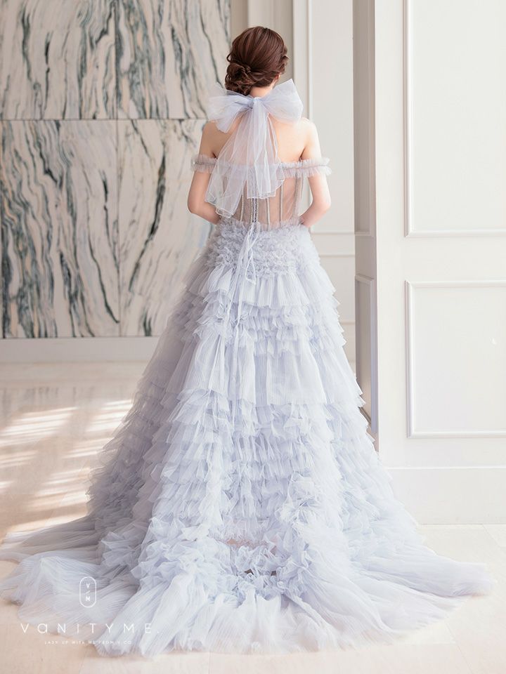 【2点セット】vanityME.couture. バニティミークチュール オフショル チュール ビジューライン ヌードベース リボンショール付き プリンセス 姫 ロングドレス バースデードレス ブルー vctr-l-a1150-1