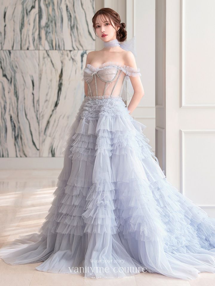 【2点セット】vanityME.couture. バニティミークチュール オフショル チュール ビジューライン ヌードベース リボンショール付き プリンセス 姫 ロングドレス バースデードレス ブルー vctr-l-a1150-1