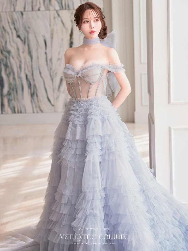 【2点セット】vanityME.couture. バニティミークチュール オフショル チュール ビジューライン ヌードベース リボンショール付き プリンセス 姫 ロングドレス バースデードレス ブルー vctr-l-a1150-1