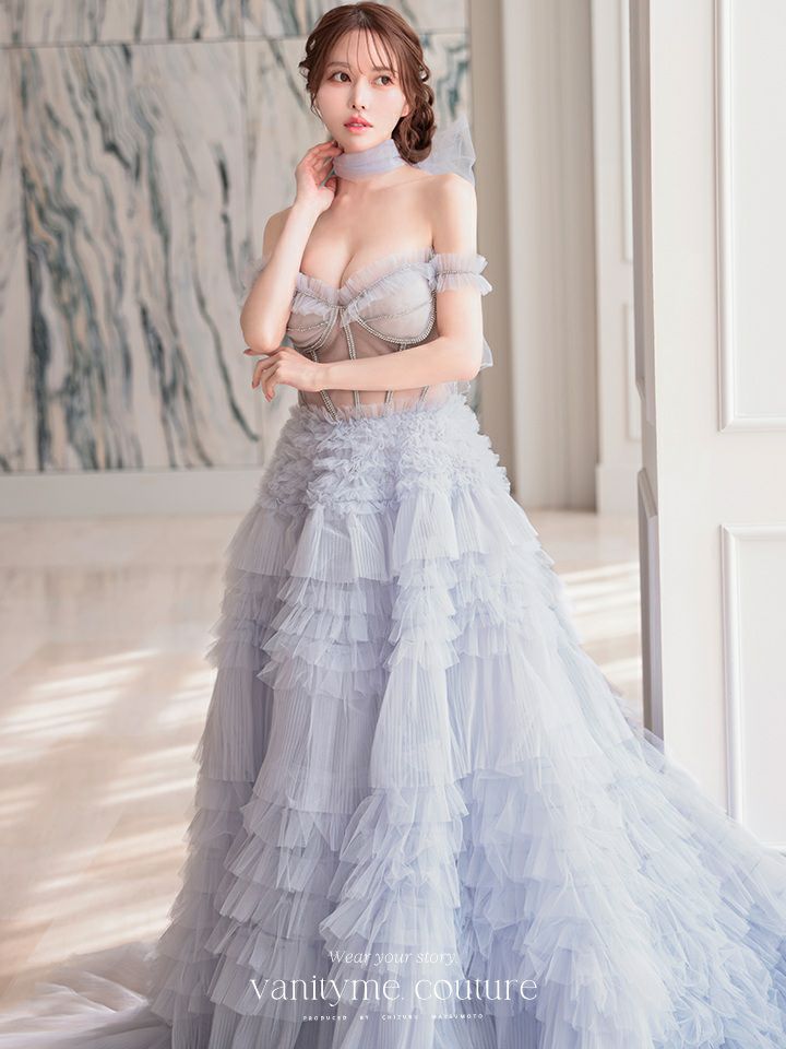 【2点セット】vanityME.couture. バニティミークチュール オフショル チュール ビジューライン ヌードベース リボンショール付き プリンセス 姫 ロングドレス バースデードレス ブルー vctr-l-a1150-1