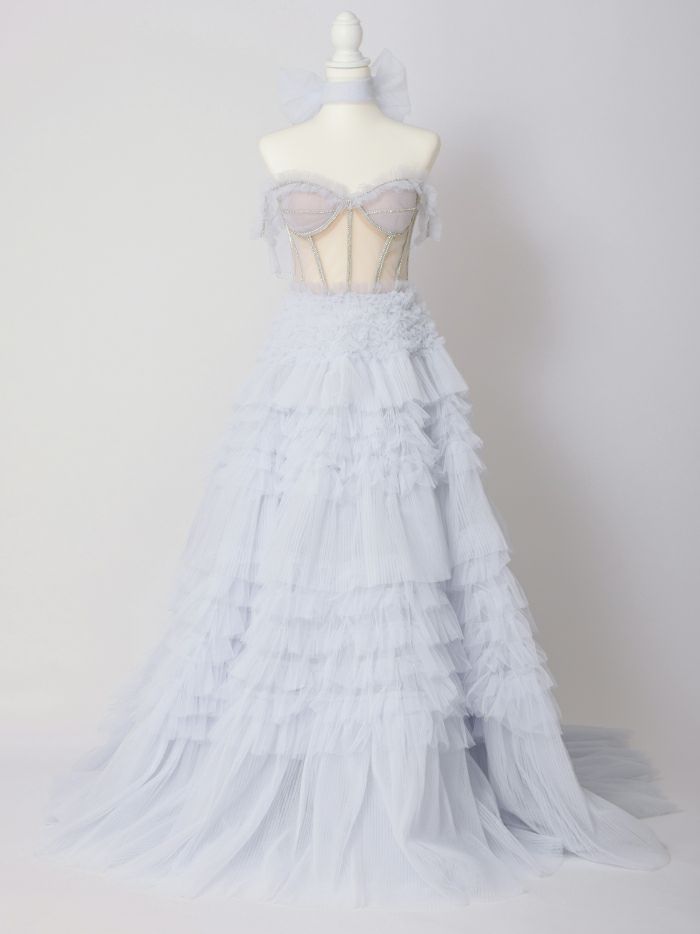 【2点セット】vanityME.couture. バニティミークチュール オフショル チュール ビジューライン ヌードベース リボンショール付き プリンセス 姫 ロングドレス バースデードレス ブルー vctr-l-a1150-1
