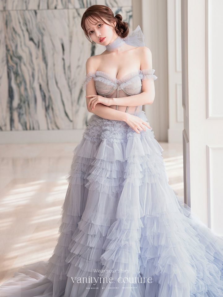 【2点セット】vanityME.couture. バニティミークチュール オフショル チュール ビジューライン ヌードベース リボンショール付き プリンセス 姫 ロングドレス バースデードレス ブルー vctr-l-a1150-1