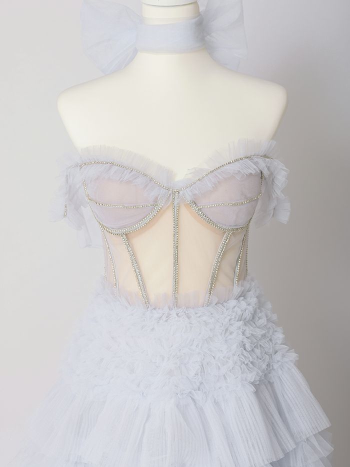 【2点セット】vanityME.couture. バニティミークチュール オフショル チュール ビジューライン ヌードベース リボンショール付き プリンセス 姫 ロングドレス バースデードレス ブルー vctr-l-a1150-1