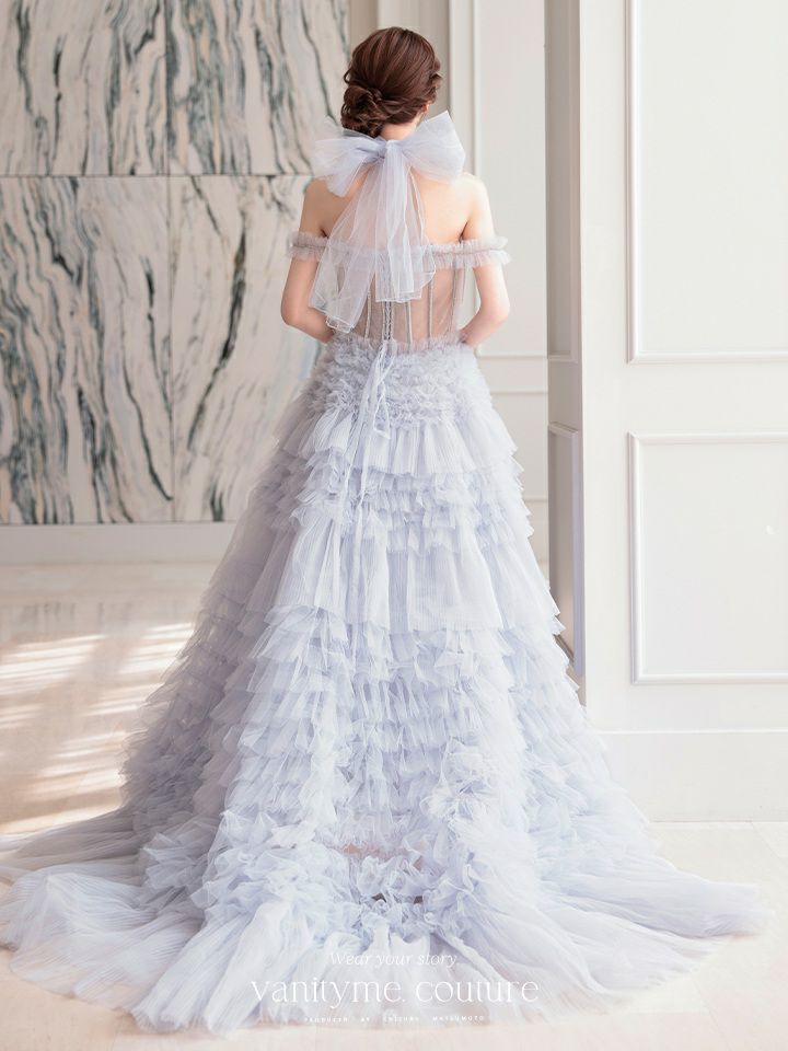 【2点セット】vanityME.couture. バニティミークチュール オフショル チュール ビジューライン ヌードベース リボンショール付き プリンセス 姫 ロングドレス バースデードレス ブルー vctr-l-a1150-1