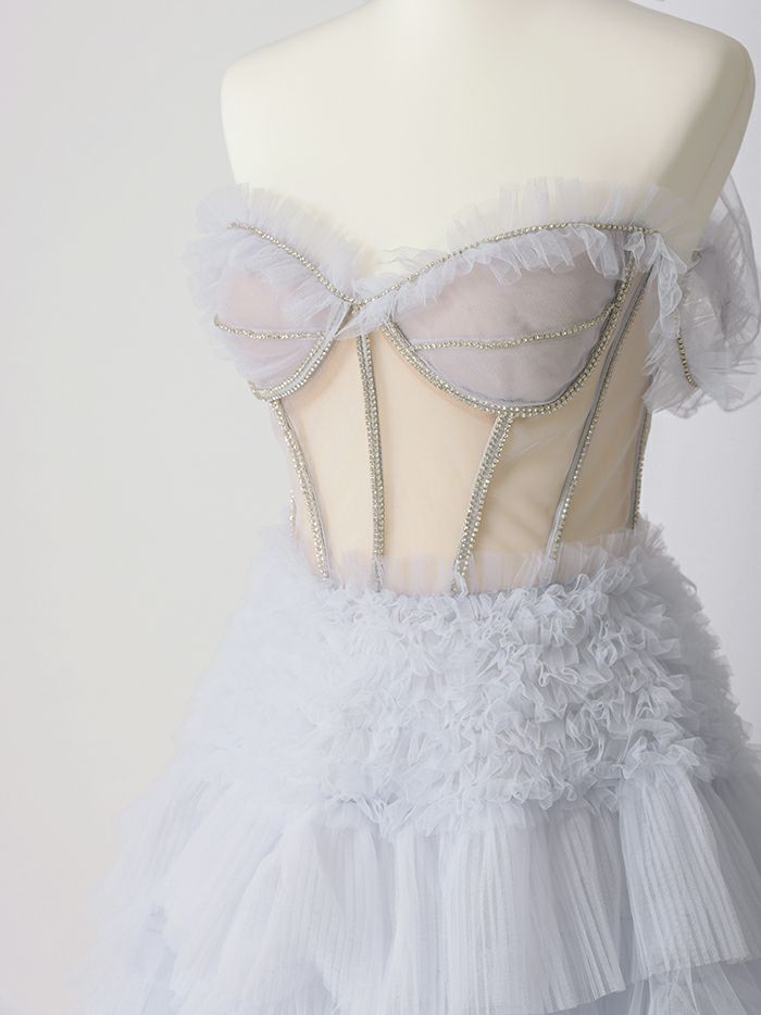 【2点セット】vanityME.couture. バニティミークチュール オフショル チュール ビジューライン ヌードベース リボンショール付き プリンセス 姫 ロングドレス バースデードレス ブルー vctr-l-a1150-1