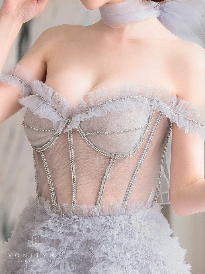 【2点セット】vanityME.couture. バニティミークチュール オフショル チュール ビジューライン ヌードベース リボンショール付き プリンセス 姫 ロングドレス バースデードレス ブルー vctr-l-a1150-1