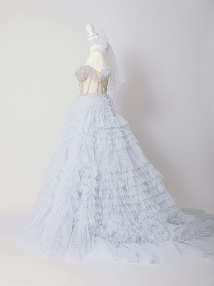 【2点セット】vanityME.couture. バニティミークチュール オフショル チュール ビジューライン ヌードベース リボンショール付き プリンセス 姫 ロングドレス バースデードレス ブルー vctr-l-a1150-1