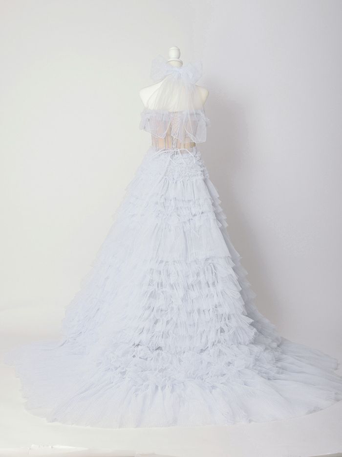 【2点セット】vanityME.couture. バニティミークチュール オフショル チュール ビジューライン ヌードベース リボンショール付き プリンセス 姫 ロングドレス バースデードレス ブルー vctr-l-a1150-1