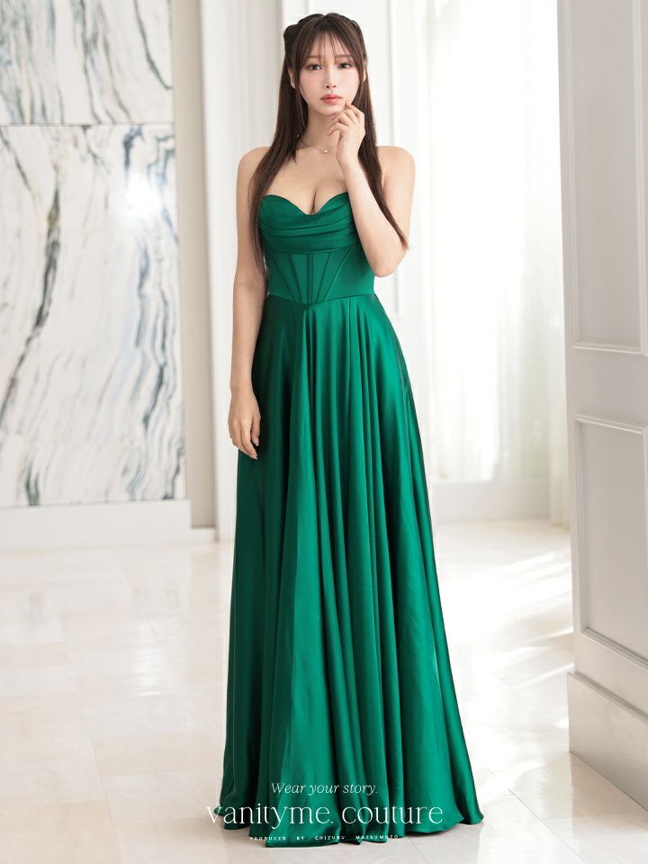 vanityME.couture. バニティミークチュール サテン バストドレープ コルセット ロングドレス バースデードレス エメラルドグリーン vctr-l-7481-2