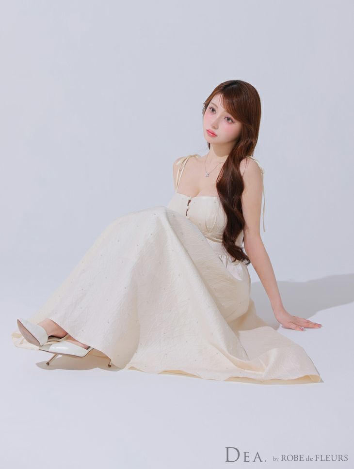 DEA. ディア バイ ローブドフルール パールジャガードサテンフレアロングキャバドレス de3591