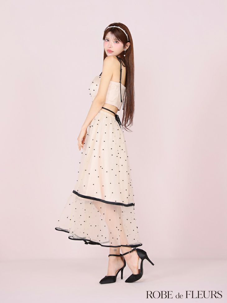 ROBE de FLEURS ローブドフルール パールドットチュールウエストカットフレアロングキャバドレス fm3298-c