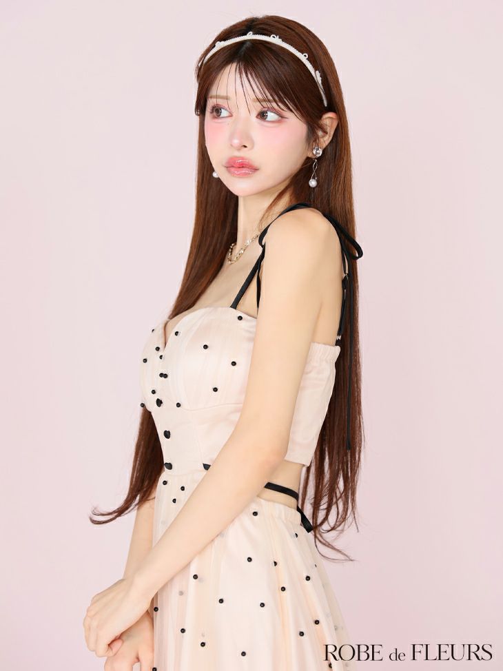 ROBE de FLEURS ローブドフルール パールドットチュールウエストカットフレアロングキャバドレス fm3298-c