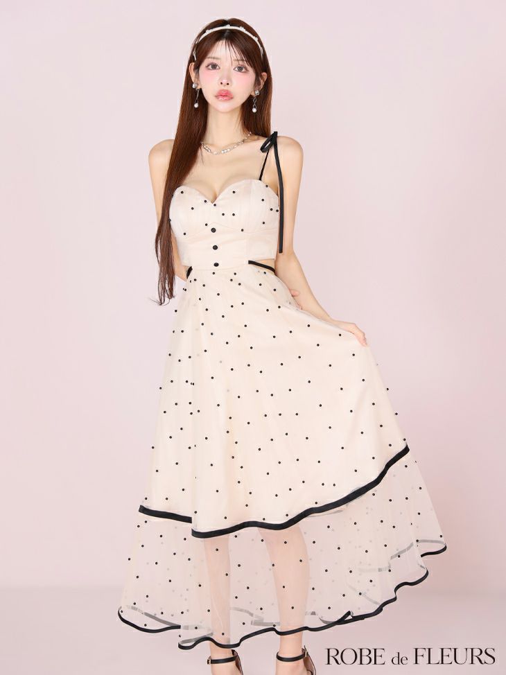 ROBE de FLEURS ローブドフルール パールドットチュールウエストカットフレアロングキャバドレス fm3298-c