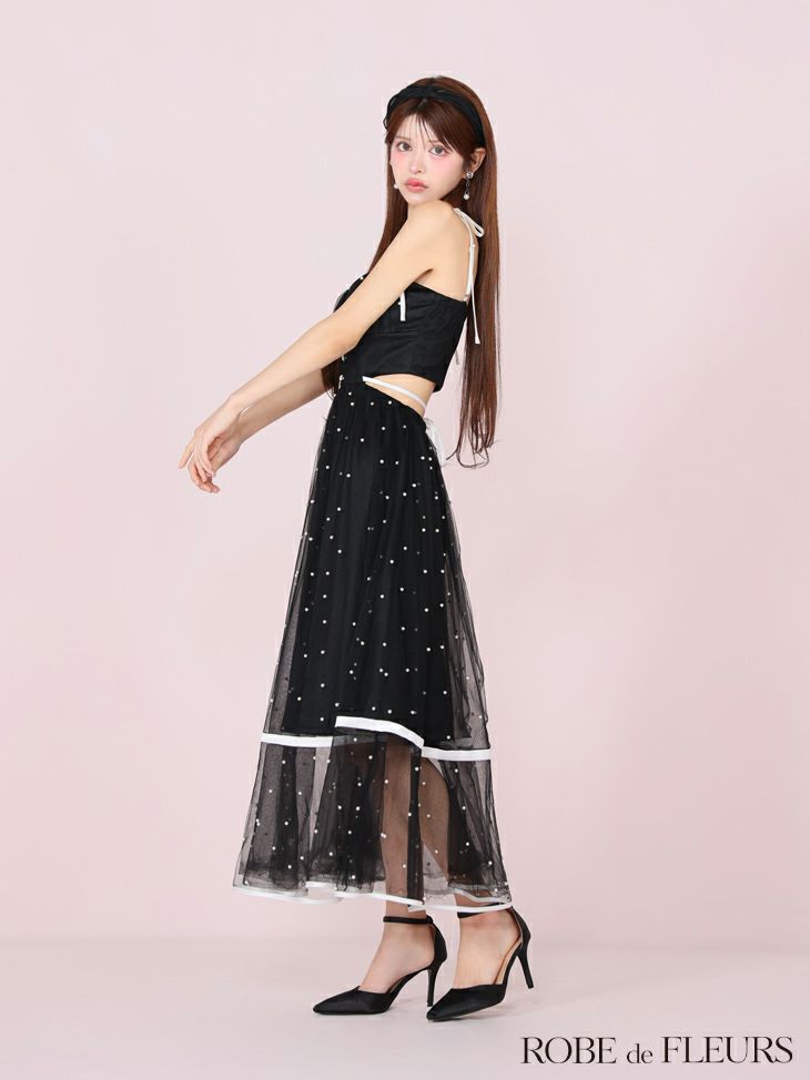 ROBE de FLEURS ローブドフルール パールドットチュールウエストカットフレアロングキャバドレス fm3298-c