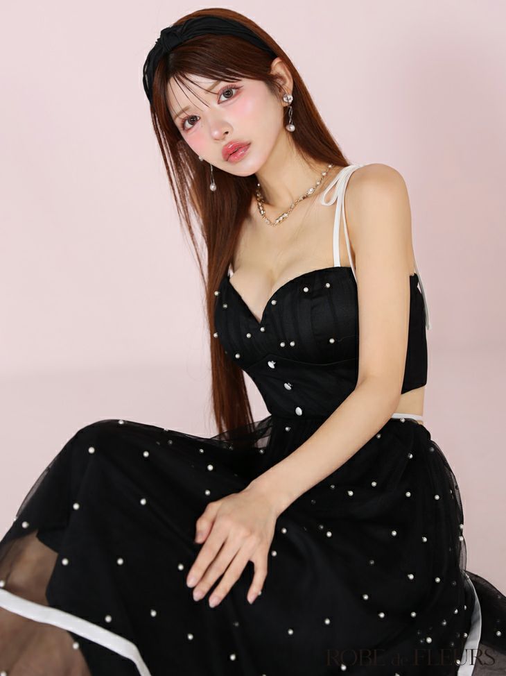 ROBE de FLEURS ローブドフルール パールドットチュールウエストカットフレアロングキャバドレス fm3298-c