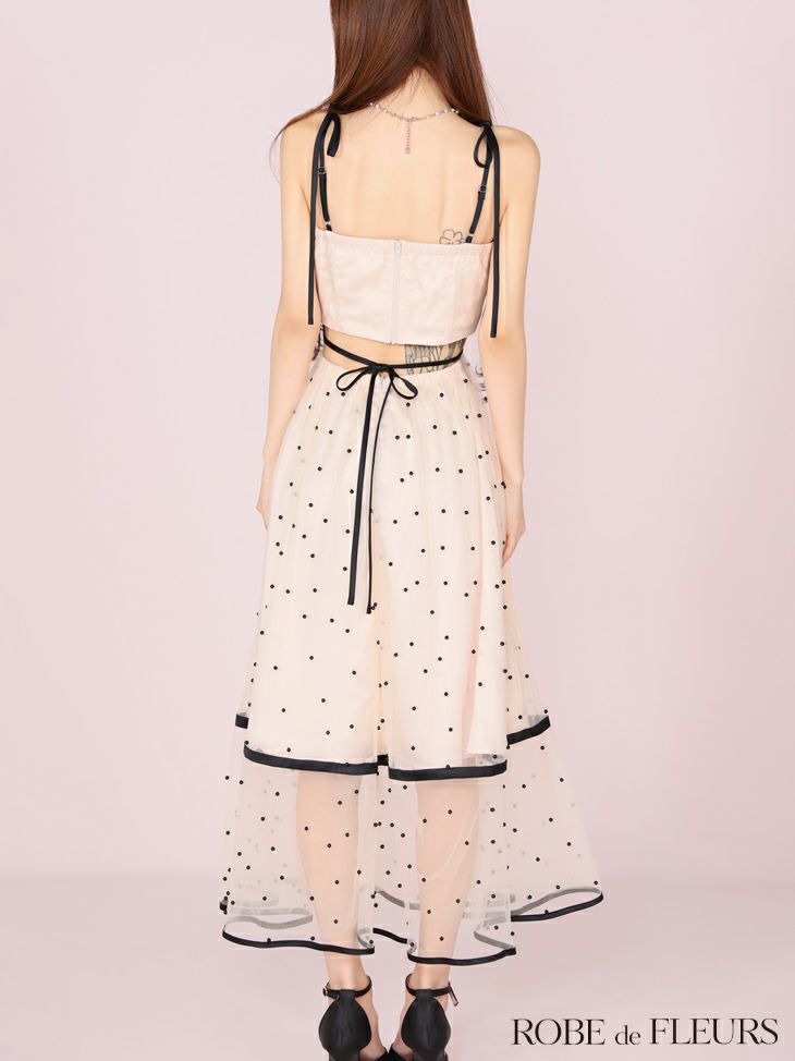 ROBE de FLEURS ローブドフルール パールドットチュールウエストカットフレアロングキャバドレス fm3298-c