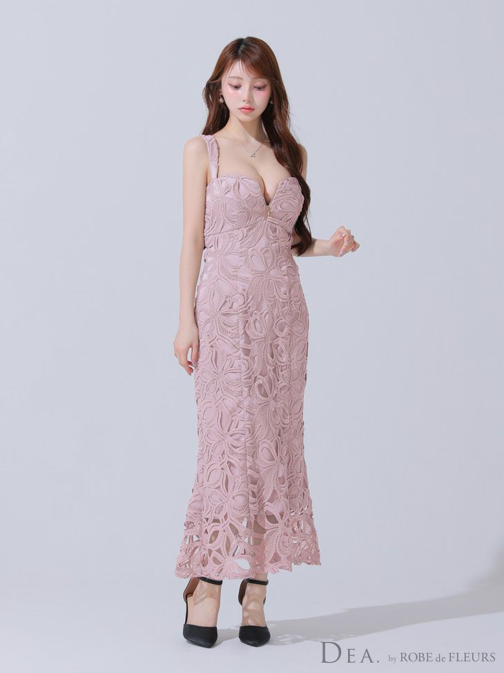 DEA. ディア バイ ローブドフルール リボン柄レースバストジップマーメイドロングキャバドレス de3785