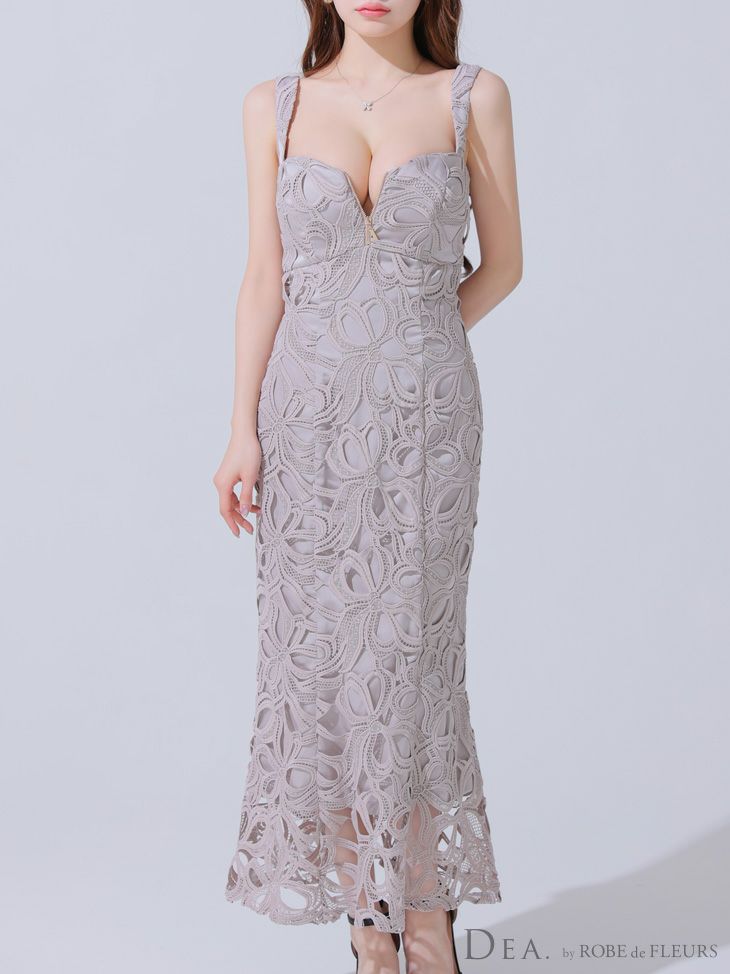 DEA. ディア バイ ローブドフルール リボン柄レースバストジップマーメイドロングキャバドレス de3785