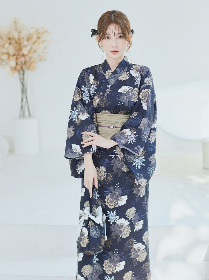 【4点セット】Malymoon マリームーン アンティークゴールド濃藍2way浴衣 mlyk-25-10304