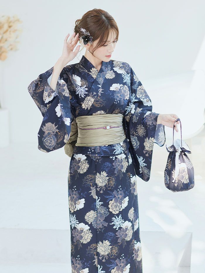 【4点セット】Malymoon マリームーン アンティークゴールド濃藍2way浴衣 mlyk-25-10304