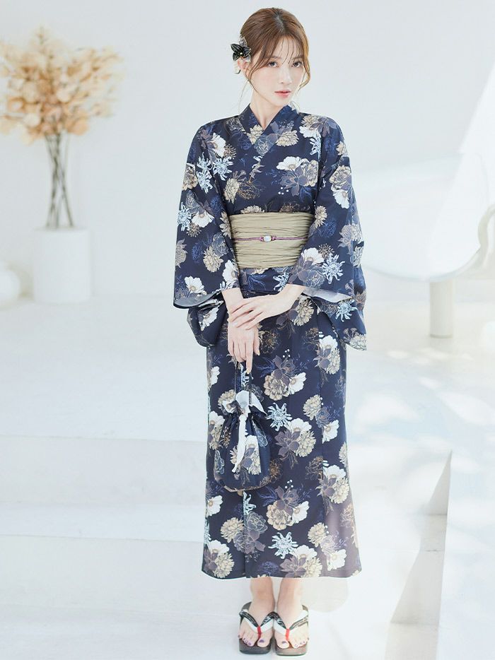 【4点セット】Malymoon マリームーン アンティークゴールド濃藍2way浴衣 mlyk-25-10304