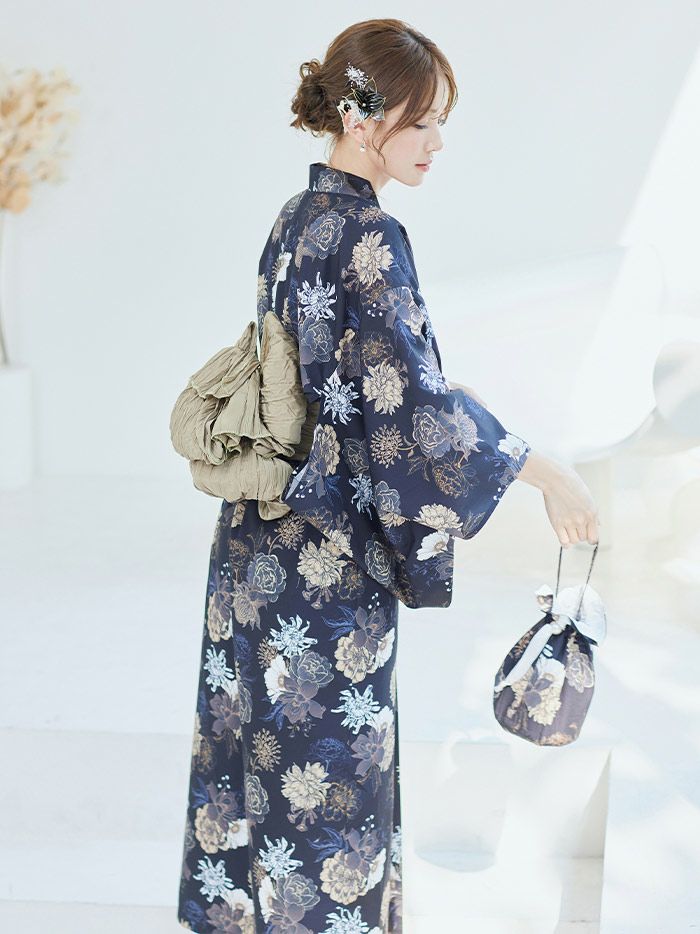 【4点セット】Malymoon マリームーン アンティークゴールド濃藍2way浴衣 mlyk-25-10304