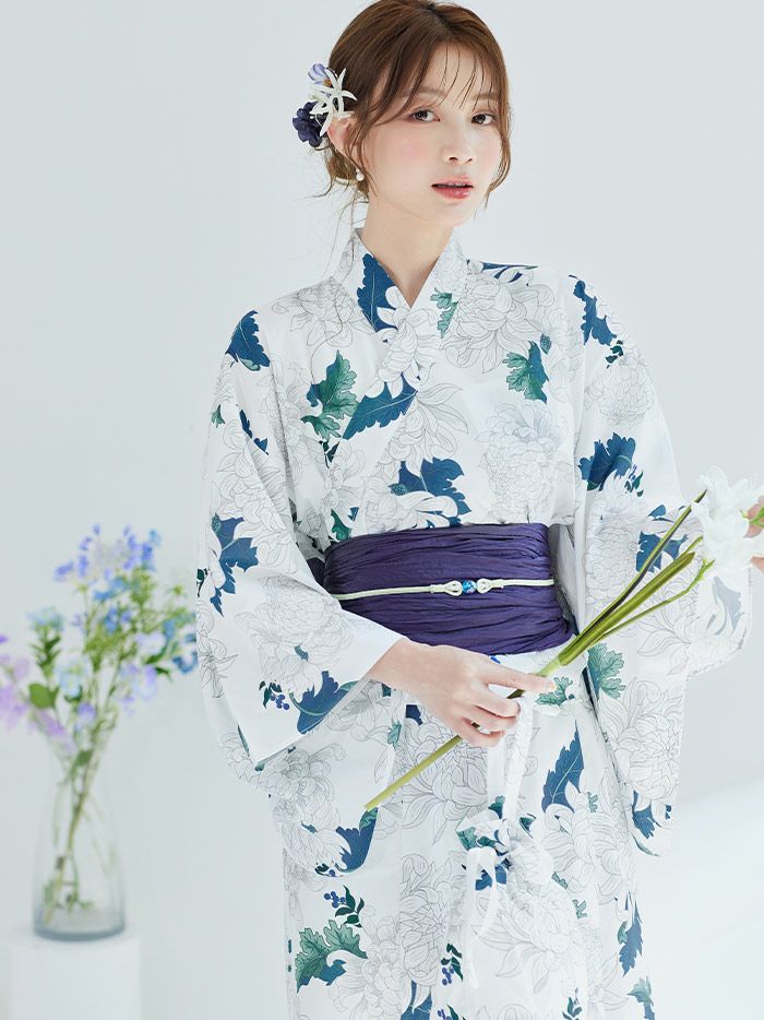【4点セット】Malymoon マリームーン サマーブルーリーフ白菊2way浴衣 mlyk-25-10320